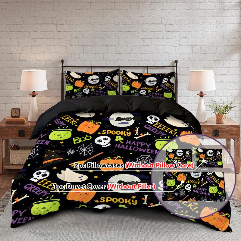 

3PC Skeleton Pumpkin Down Quilt Set Comfortable Bedding Cute Little Devil 1Quilt Set 2Pillowcases No Fill Home Atmosphere Decor EUsingle 135x200