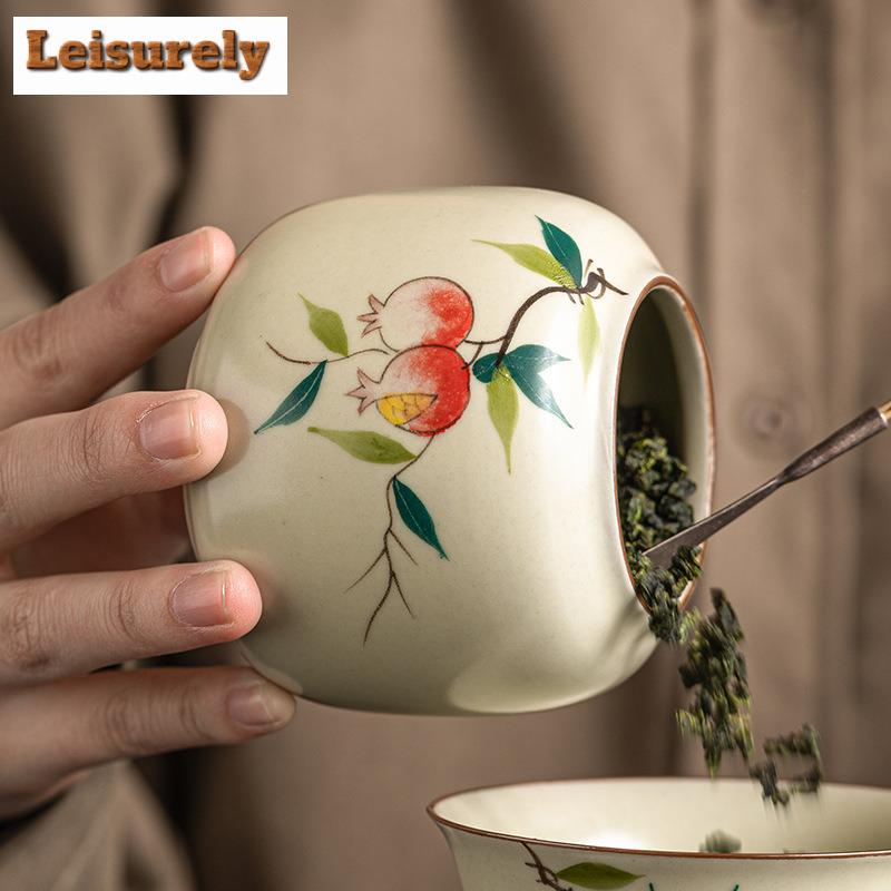 250ml Hand-painted Pomegranate Tea Box Organizer Moisture-proof Handmade Storage Tank Containers Tea Caddy Teaset Decoration