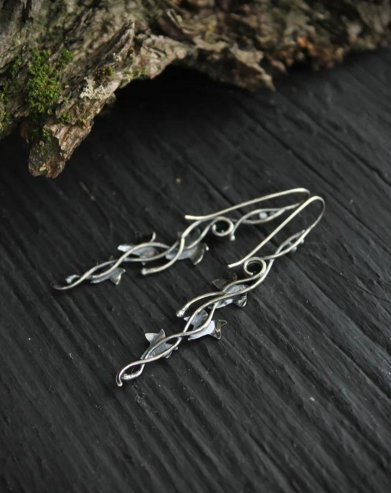 Vintage Ivy Elven Leaf Earrings For Women Silver Metal Crystal Earrings Female Fashion Custom Jewelry