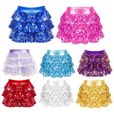 Kids Girls Shiny Sequins Tiered Ruffle Skirted Shorts Metallic Elastic Waistband Culottes Dance Stage Performance Costume