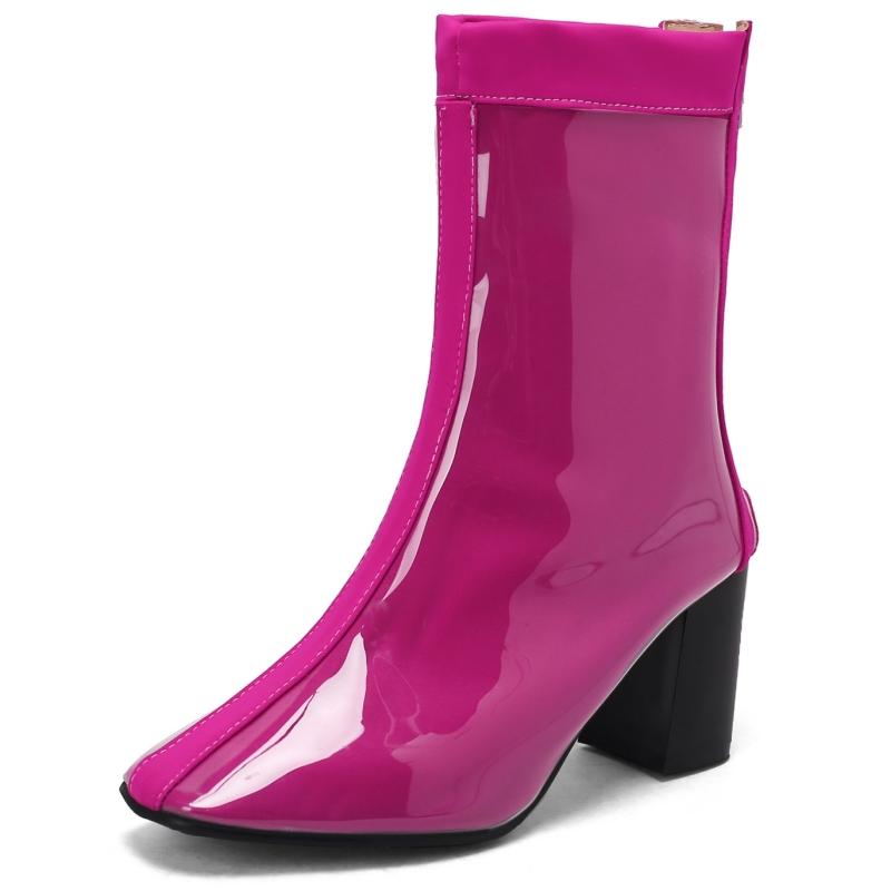 Waterproof Women's Ankle Boots New 2025 Winter Block Heels Fashion Rain Boot Patent Yellow Blue Red Pink Party Shoes Large Size