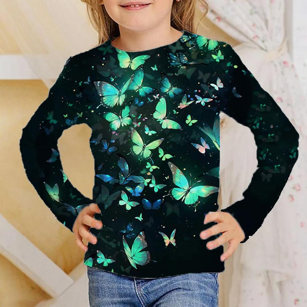 Spring and Autumn Round Neck Butterfly Pattern 3D Printed Top Fashionable Casual Long Sleeved Children's Girl T-shirts