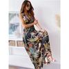Boho Dress Sexy Deep V Neck Dress Printed Backless Maxi Dress Summer Beach Sleeveless Lace Up Dress