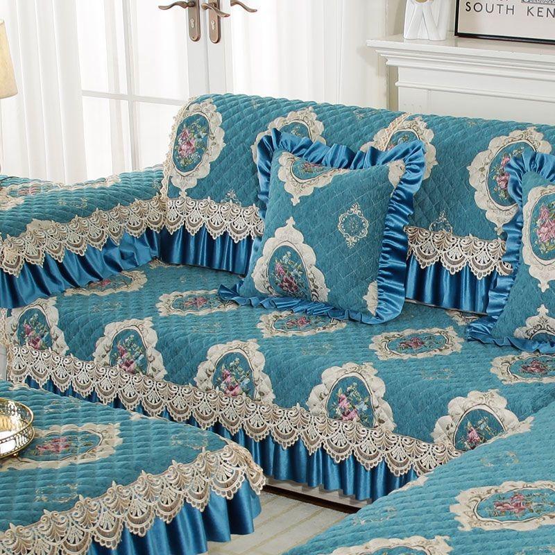 Thicken Lace Embroidered Sofa Cover Cotton Padded Chenier Sofas Cushion L Anti Slip Seat Cushion Furniture Protection Dust Covers Cloth