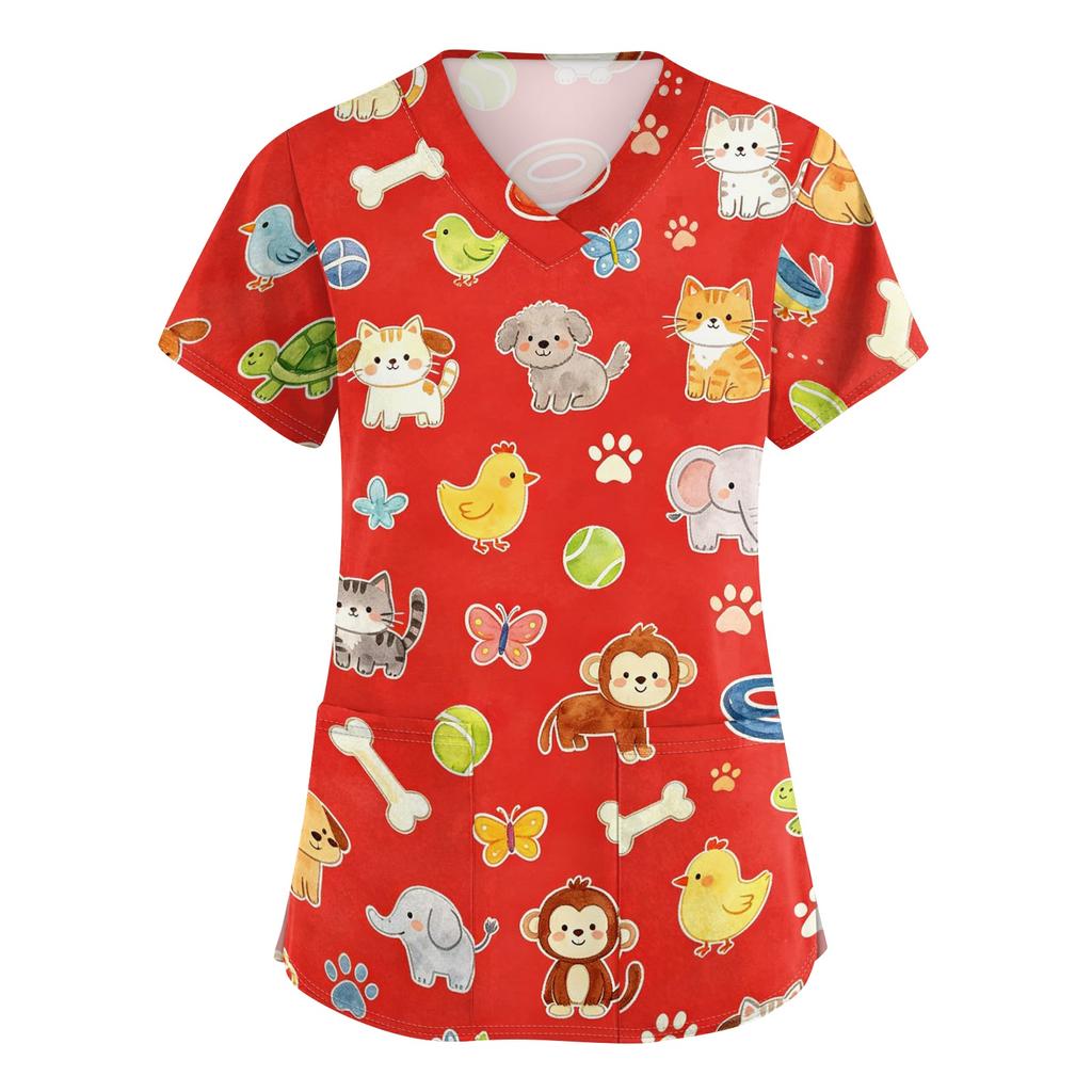 Women's V Neck Short Sleeve Work Shirt with Pockets Animal Print Top Medical Uniform Scrub Tee for Healthcare Professionals