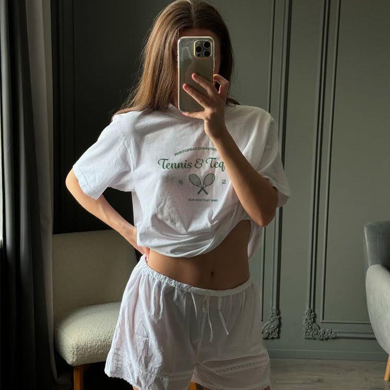 Tennis & Tequila American Retro Niche Style Tennis Print Pure Cotton Short Sleeve T-shirt for Women