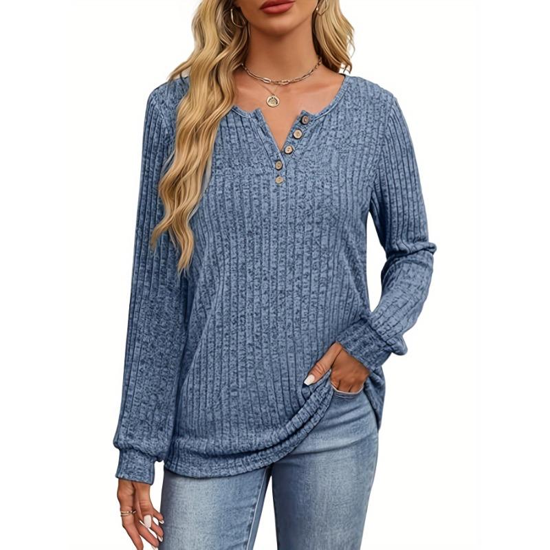 1pc Comfortable Ribbed V-Neck T-Shirt Set for Women - Soft Long Sleeve Tops, Casual Crew Neck Style with Button Detail, Polyester Knit Fabric