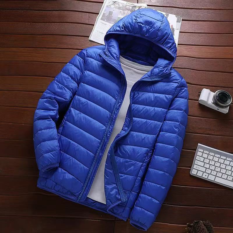 

Мужская зимняя новая легкая и тонкая пуховая одежда с капюшоном, для людей среднего и молодого возраста, большого размера, повседневная стеганая куртка, мужская куртка 5XL-170-95kg королевский синий