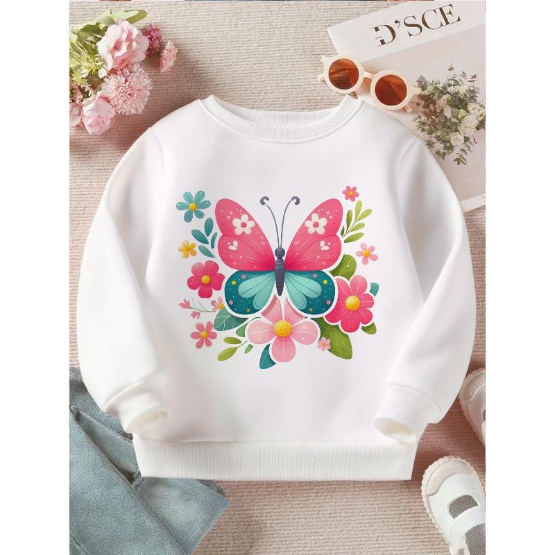 Kids Sweatshirt Butterfly with Flowers Illustration Print Long Sleeve Crewneck Sweatshirt - Soft Casual Pullover Top , Fall Winter Clothing