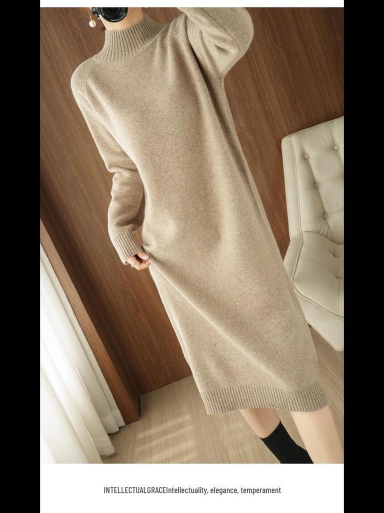 Women's Mid-Length Winter Sweater Dress 2024 - High Collar, Loose-Fit, Over-the-Knee Knitted Style