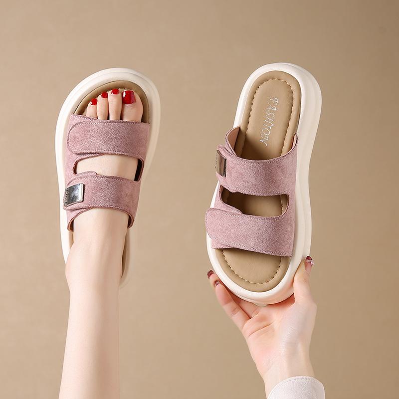 Wearing Thick-bottomed Cool Slippers Women's Matte One-word Drag Summer New Muffin Retro Open-toed Women's Beach Sandals