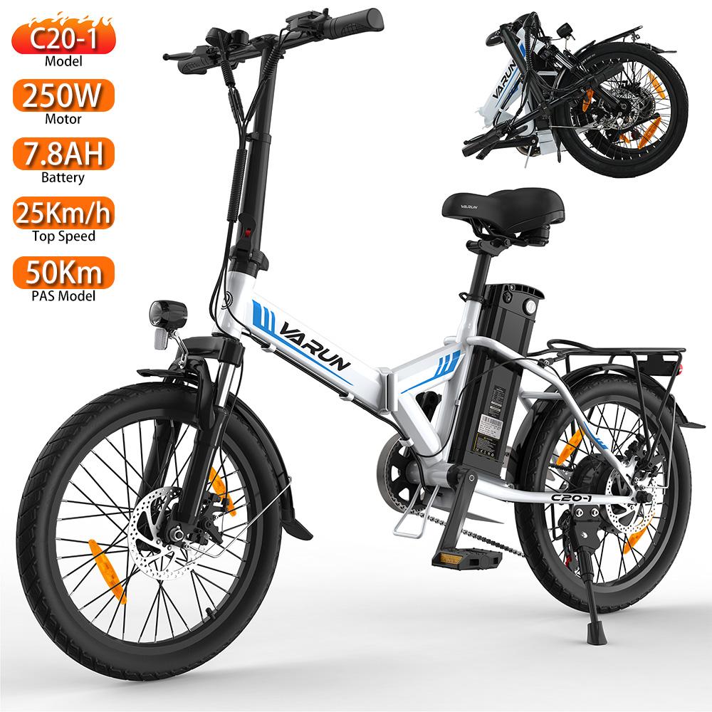 Bicicleta Eléctrica Plegable VARUN 20" Motor 250W Bicicleta Eléctrica Urbana 48V 7.8AH Velocidad Máxima 25Km/h 7 Velocidades Autonomía Máxima 50Km Blanco C20