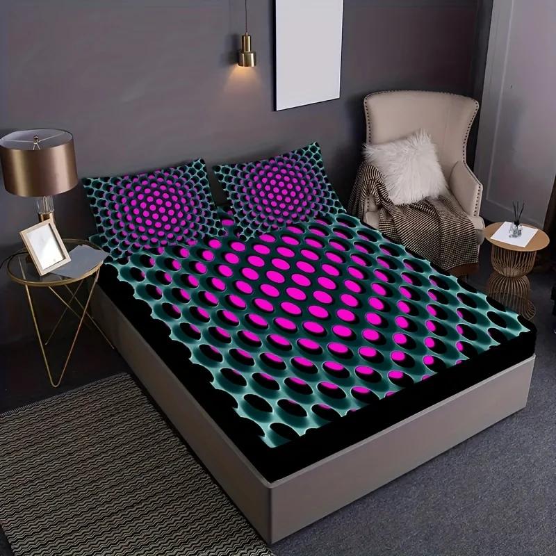 Fitted Sheet Set 3D Cellular Lattice Print Soft Comfortable Bedding Set For Bedroom Guest Room (1* Fitted Sheet+2*Pillowcases)
