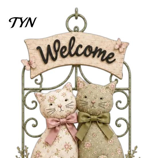 Wood And Metal Wall Decor Floral Cat Couple Welcome Sign, Wooden Hanging Ornament, Pastoral Garden Balcony Ornaments Art Plaque for Living Room
