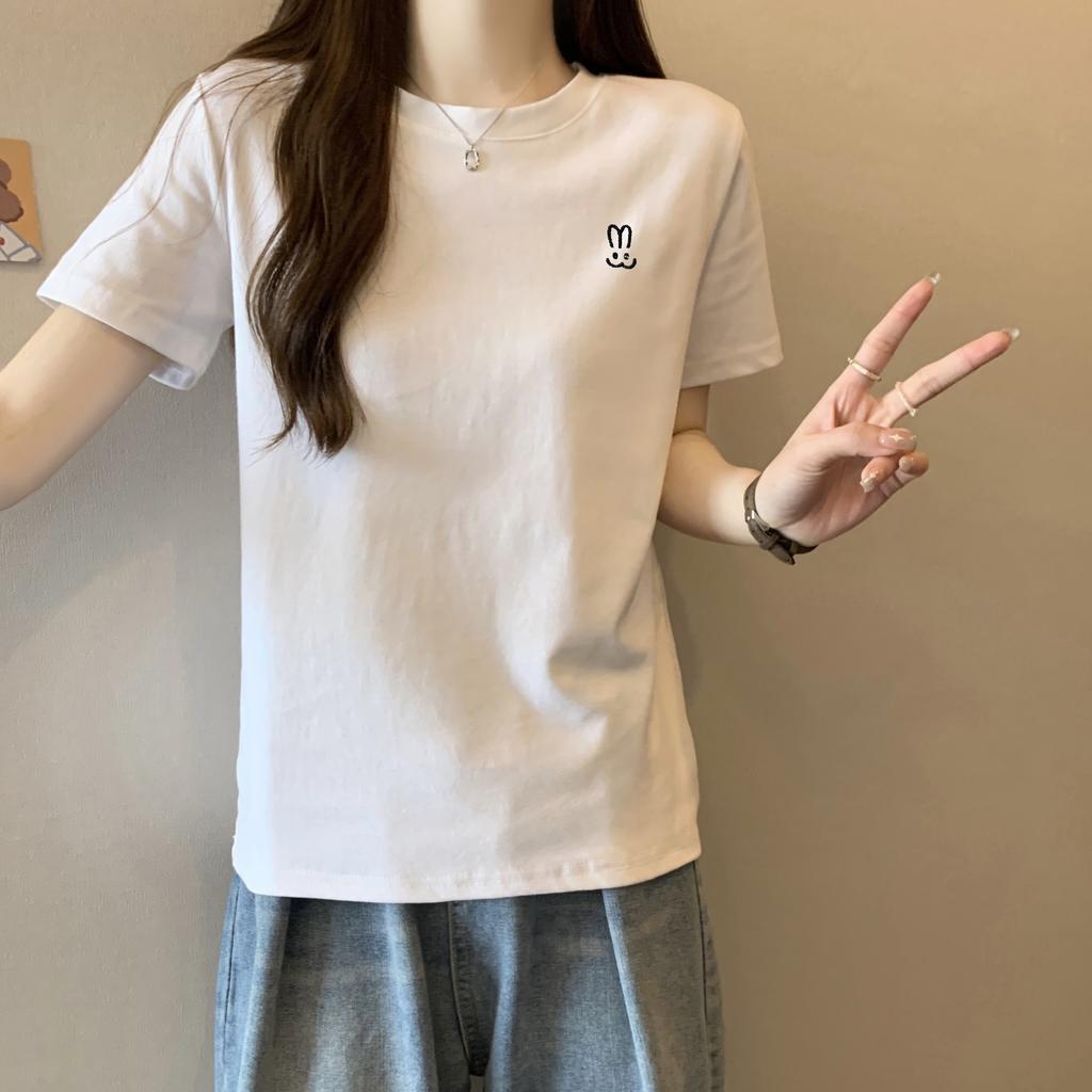 Solid Color Round Neck White Front Shoulder Short-sleeved T-shirt for Women In Summer Loose Slim Bottom Shirt Top Short-sleeved Women