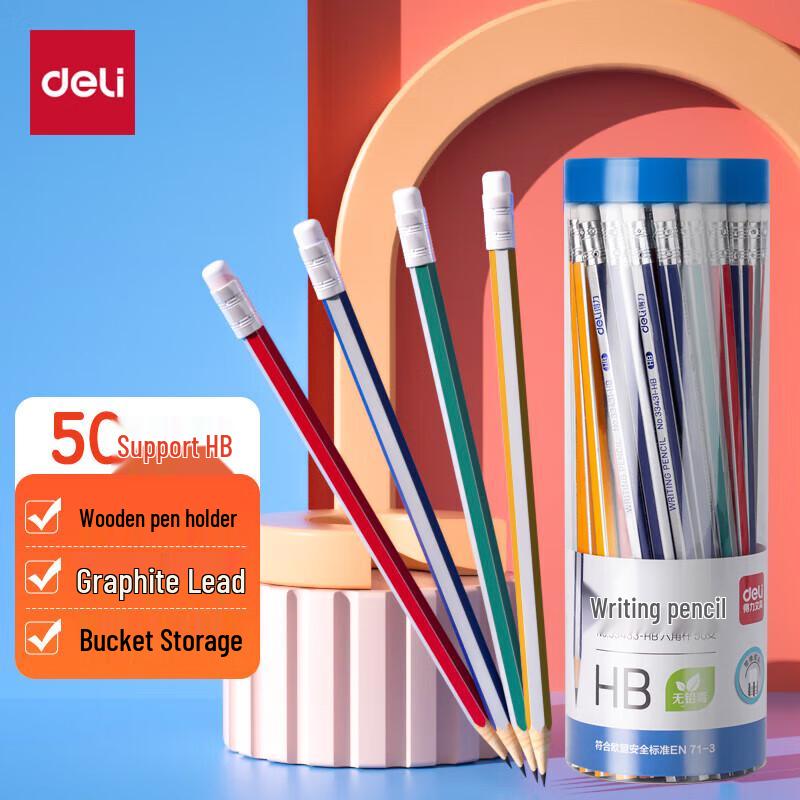 Deli Classic Colorful HB Pencils, 50-Pack with Eraser