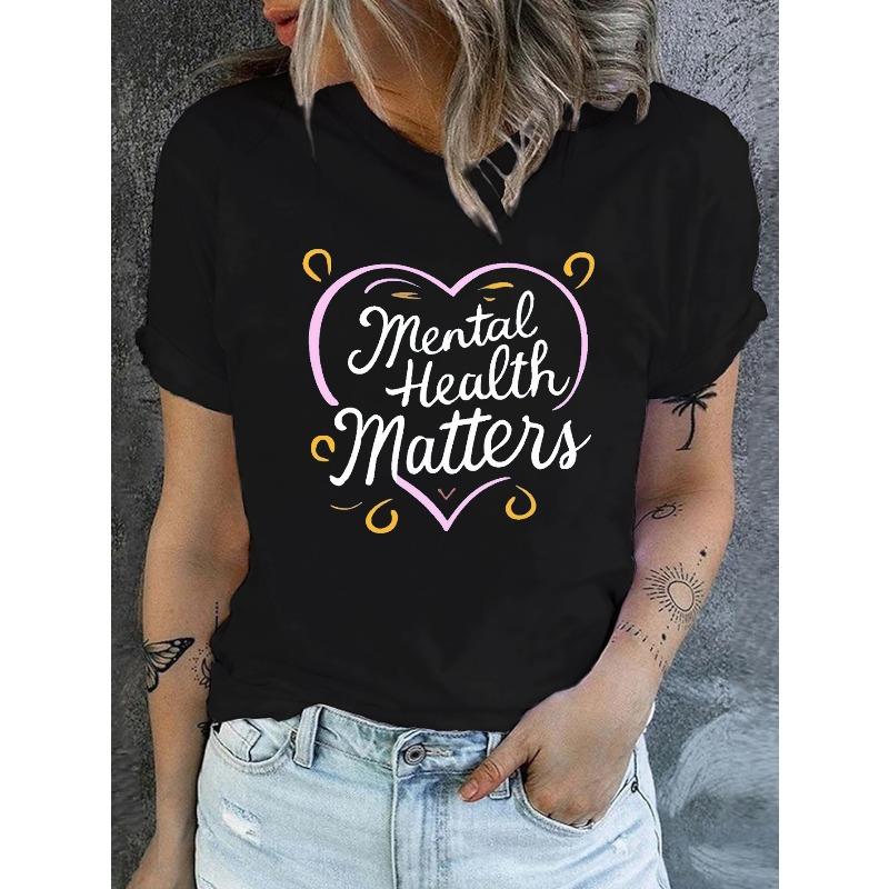 

Women s Mental Health Awareness Print Tee Crew Neck Short Sleeve Casual Spring Summer Top S чёрный