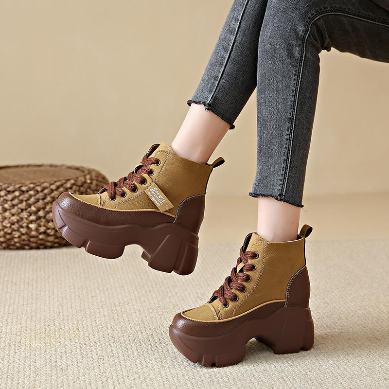 Short boots women's 2025 autumn fashion round head platform lace-up sports style casual shoes wedge heel fashion single shoes