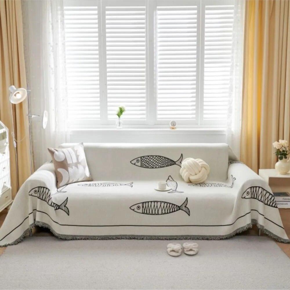 Fish Print Blanket Single Four Season Chenille Sofa Cover Dust Anti-cat Scratch Protection Cover Sofa Leaf Blanket Mat