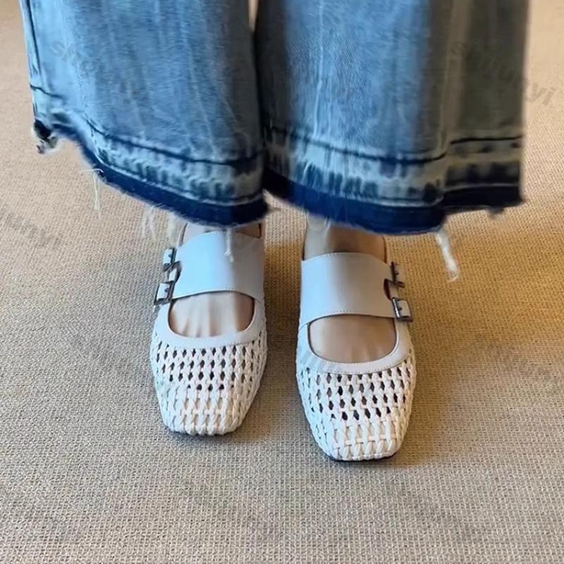 Fashion Women One Word Half Slippers New Weave Breathable Mesh Hollow Sandals Outdoor Fashion Buckle Strap Height Increase Casual Shoes