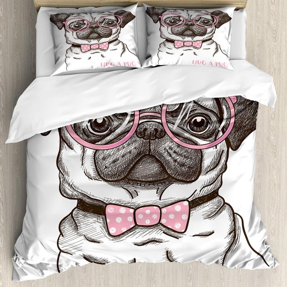 Cartoon Pug Dog Duvet Cover Set Comforter Cover Soft Bedding Set Full Size For Boys Girls Bedroom 2/3 Pieces With Pillow Shams