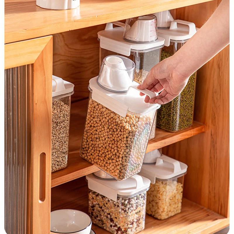 Sealed Cereal Insect-Proof Rice Bucket with Measuring Cup Transparent Rotary Food Moistureproof Tank Kitchen Storage Box