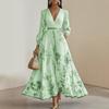 Rochie Midi cu Mânecă Lungă și Imprimeu Stil European pentru Femei, Decolteu Adânc în V, Elegantă, pentru Vacanță, Petrecere pe Plajă, Rochie Lungă