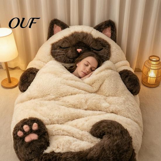 Durable Sleeping Bag Plush Cat Envelope Bag, Winter Slumber for Men Women, Animal Nap Mat Sack Home Travel Thick