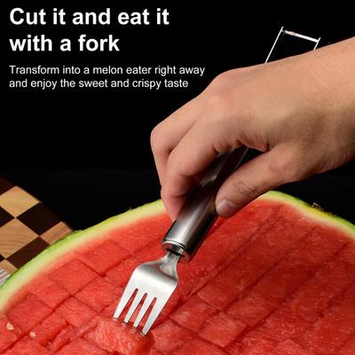 Wassermelonenschneider und Gabel Edelstahl 2-in-1 Wassermelonenschneider Werkzeug Tragbarer Doppelkopf-Fruchtschneider für Sommer, Heimparty, Camping, Küche