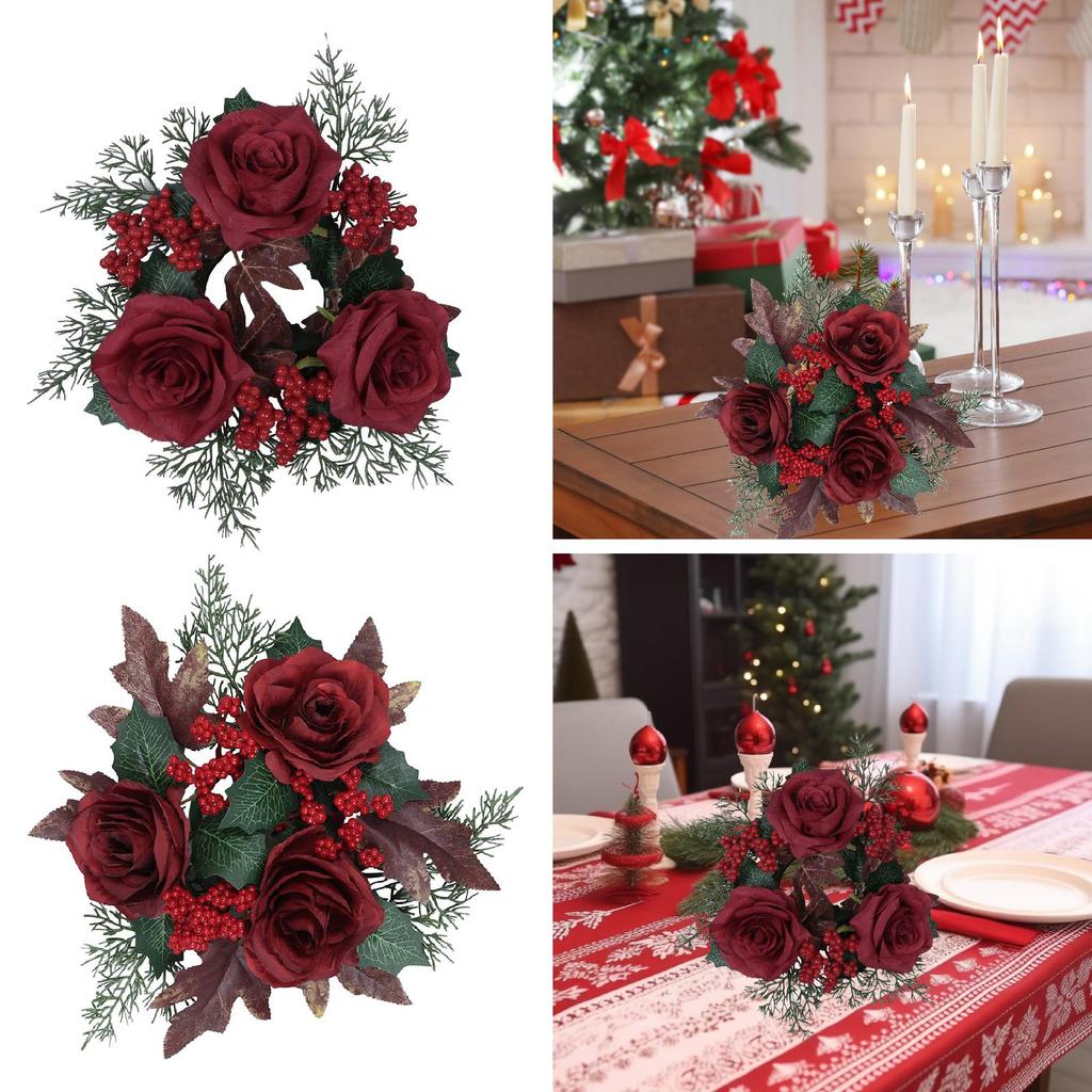 Christmas Candle Ring Wreath Party Artificial Rose Flower Candlestick Holder