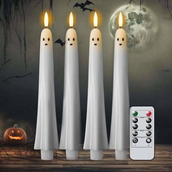 2/4Pcs Halloween Ghost Candle Light with Remote Timer Battery Powered Flickering Flameless Taper Candle