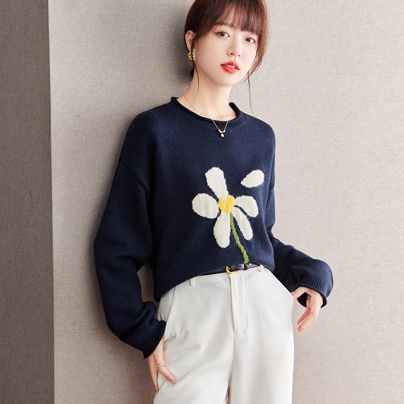 

Модный жаккардовый пуловер с цветочным принтом и свободный крой для женщин M тёмно-синий