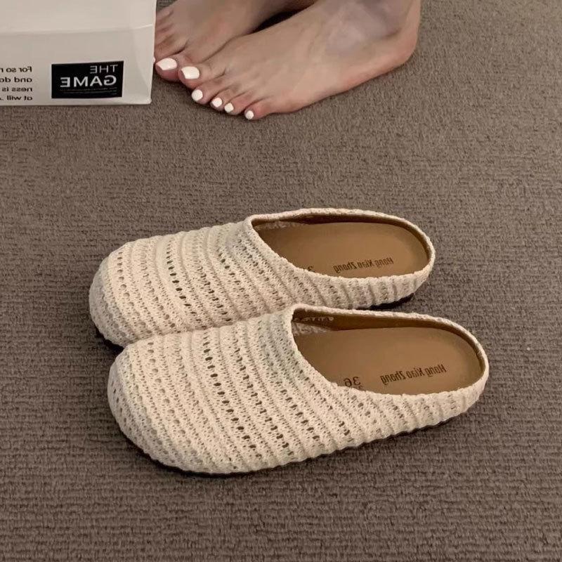 Fashion woven hollow breathable bag head half drag women's outer wear 2025 spring and summer new thick soft bottom cool slippers
