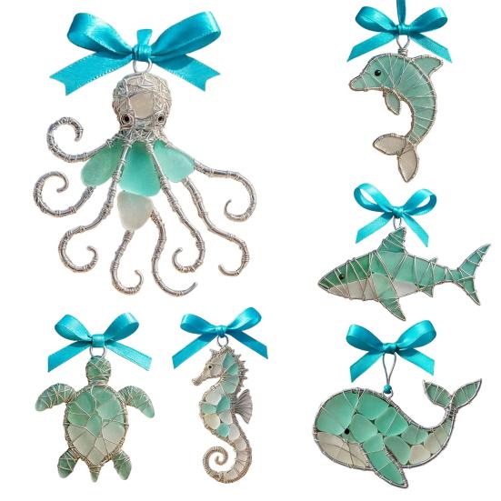 Car Pendant Handcrafted Sea Glass Ornament Sea Turtle Octopus Seahorse Ocean Animal Design Ornament Beach