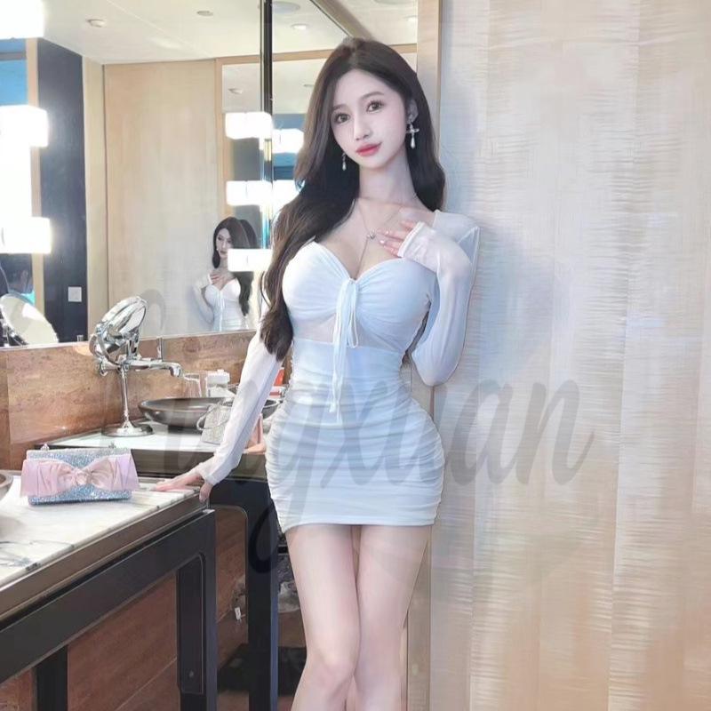 Sexy Lace-Up Mesh Dress - Square Neck, See-Through, Hip-Hugging Mini Skirt