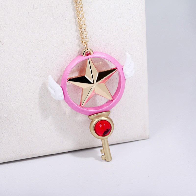 Sakura Pentagram Star Key Magic Staff Necklace Octagram Pendant Wings