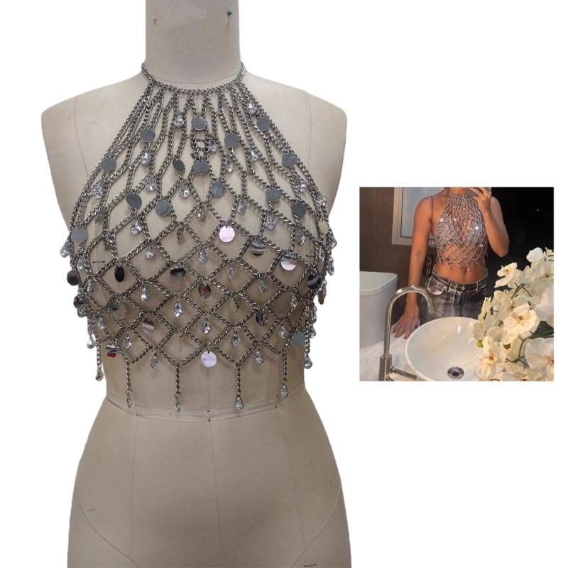 Handmade Alloy Metal Chain Body Jewelry Glitter Sequins Bra Top Adjustable Chest Adornment For Parties Festivals