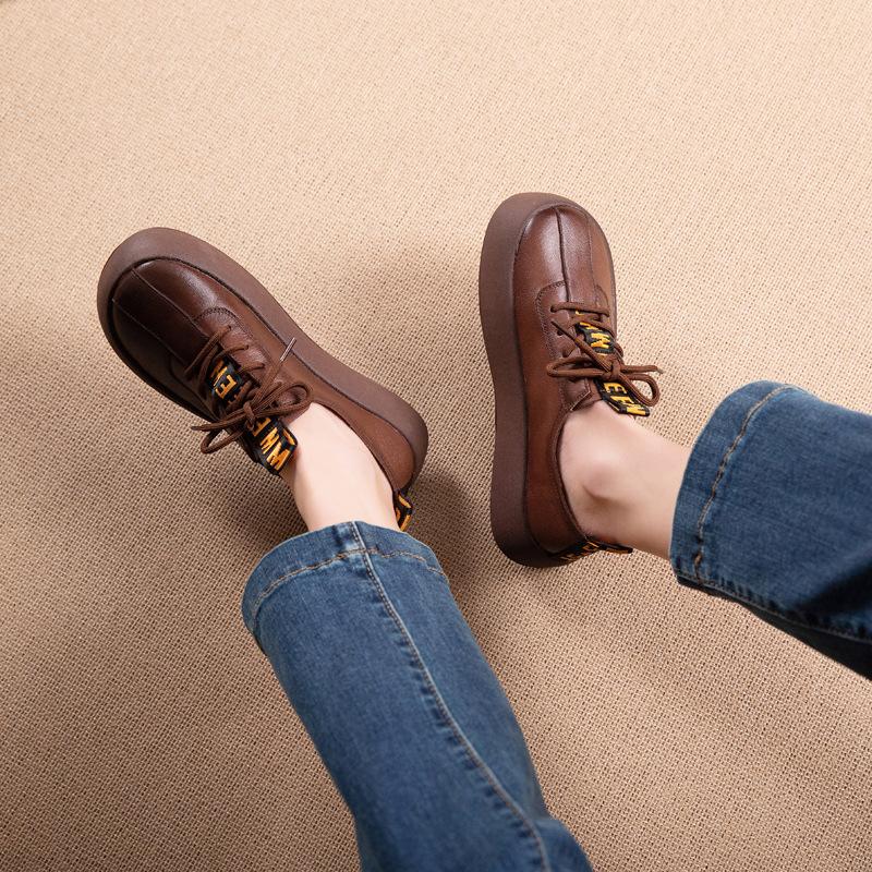The first layer of cowhide loafers for women's spring and autumn new leather Brock British style retro flat-bottomed lace-up single shoes for women