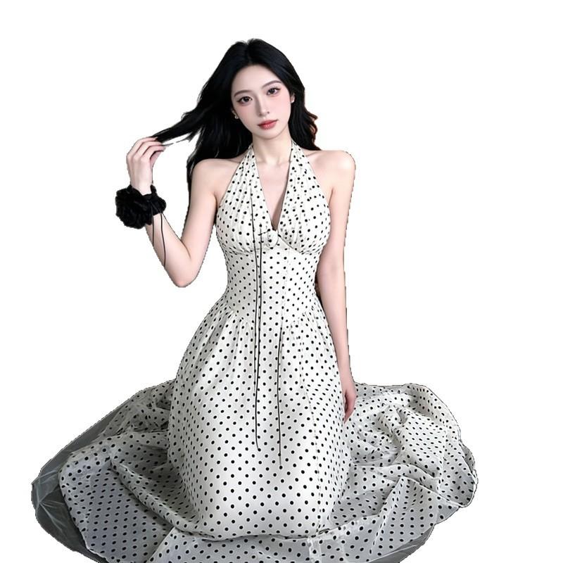 French Royal Sister Women Polka Dot Neck Sling Dress Spring and Summer High-end Temperament V-neck Waist Big Swing Dress
