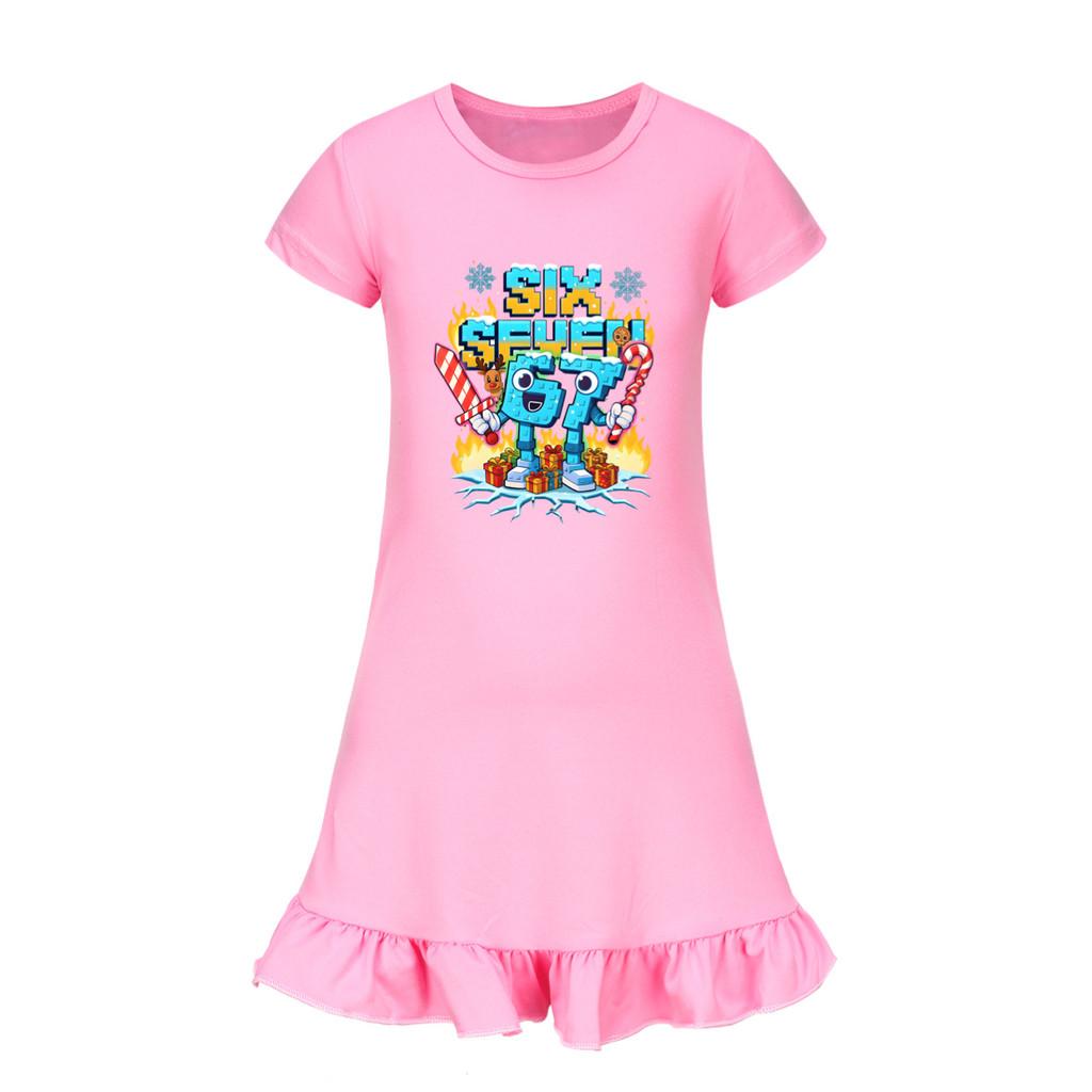 5193 Bambina Ragazza Rubare un Cervello Marcio 67 Sei Sette Stampato Volant Maniche Corte Vestito Casual