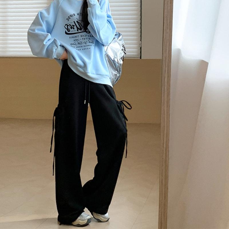 Pink Sports Pants for Women In Spring and Autumn New High-waist Loose Lace-up Bow Straight-leg Pants Design Sense Casual Wide-leg Pants