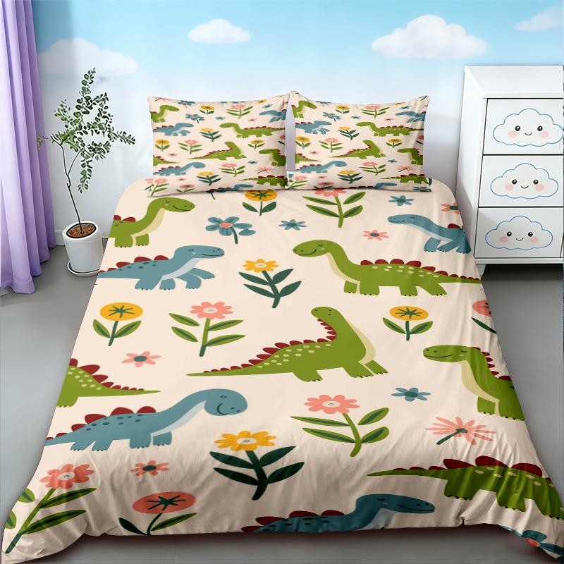 Duvet Cover 3pcs Cartoon Cute Color Dinosaur Print Coreless Down Duvet Cover Set, Multi Size Bedding Decoration, soft beautiful