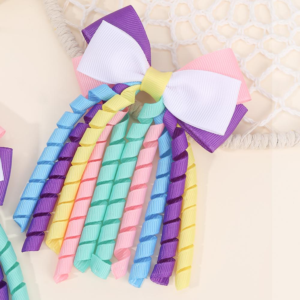 2Pcs Curly Ribbon Hair Clips For Girls Sweet Cute Colorful Tassel Bow Barrette Ponytail Hairpins Children Headdress Accessories