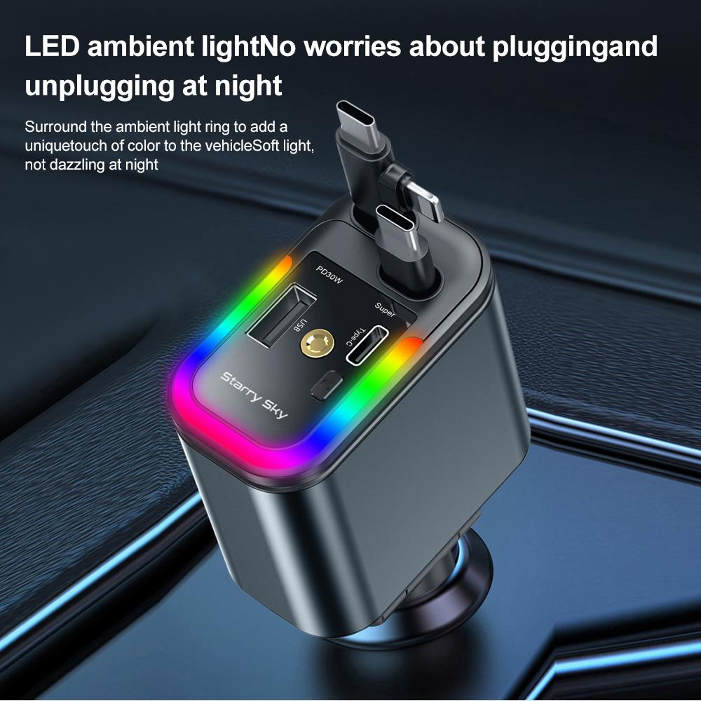 5 In 1 Total Power 180W Car Fast Charger with Retractable Cable USB Type-C Power Adapter with Color Ambient Light and Starry Sky Light for IOS Android