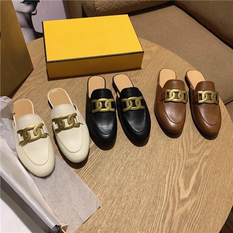 Flat-bottomed Bag Head Shoes Fashionable Round Head Metal Horse Buckle Casual Versatile Lazy Half Slippers Women
