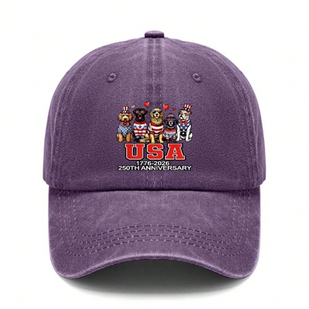 [USA Dog Print Baseball Cap] Vintage Washed Adjustable Hat Unisex Breathable Soft Polyester Casual Outdoor Sports For 250Th Anniversary Celebration