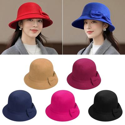 Κομψό χείλος Bowler Fedora Καπέλα Church Bowler Cloche Καπέλα Γυναικεία Vintage ρετρό καπέλο Φθινόπωρο Χειμώνας Ζεστό καπέλο Μάλλινο καπέλο τσόχα κουβά