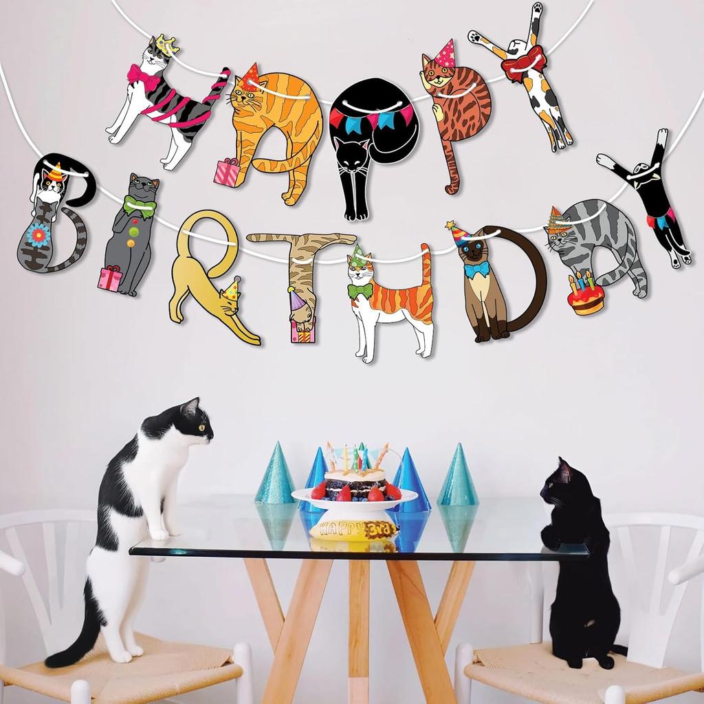 Cat Birthday Garland, Cat-Themed "Happy Birthday" Banner - Colorful and Fun Party Decoration for Kitten Lovers - Funny Kittens Garland