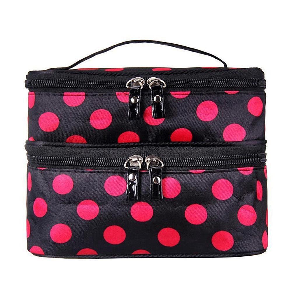 Большая двухуровневая косметичка Стильный водонепроницаемый органайзер для макияжа для женщин Black Pink