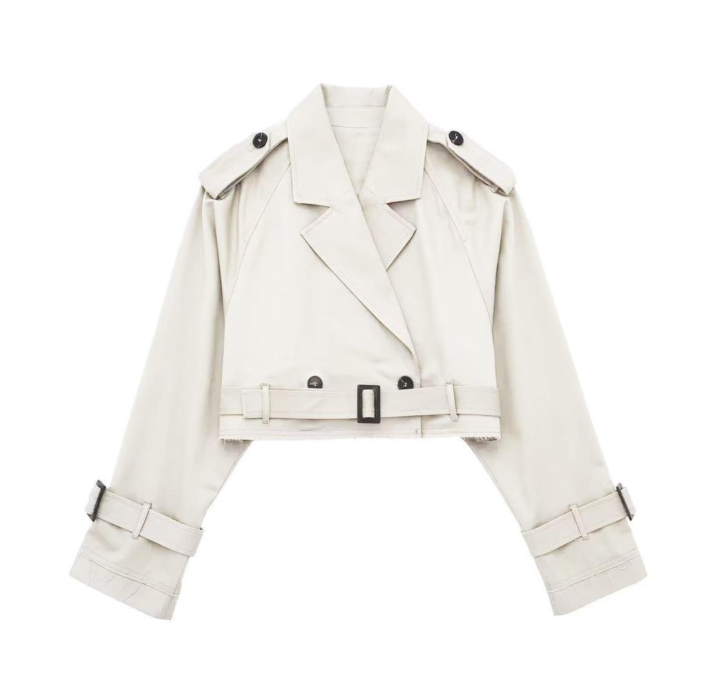 Women Fashion Belt Cropped Trench Jacket Vintage Notched Neck Long Sleeve Female Chic Lady Coat Outfits